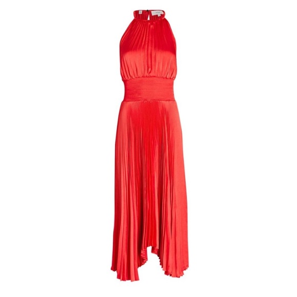 A.L.C. Asymmetric Pleated Midi-dress Red Halter Neckline Smocked Worn once. - Picture 2 of 7